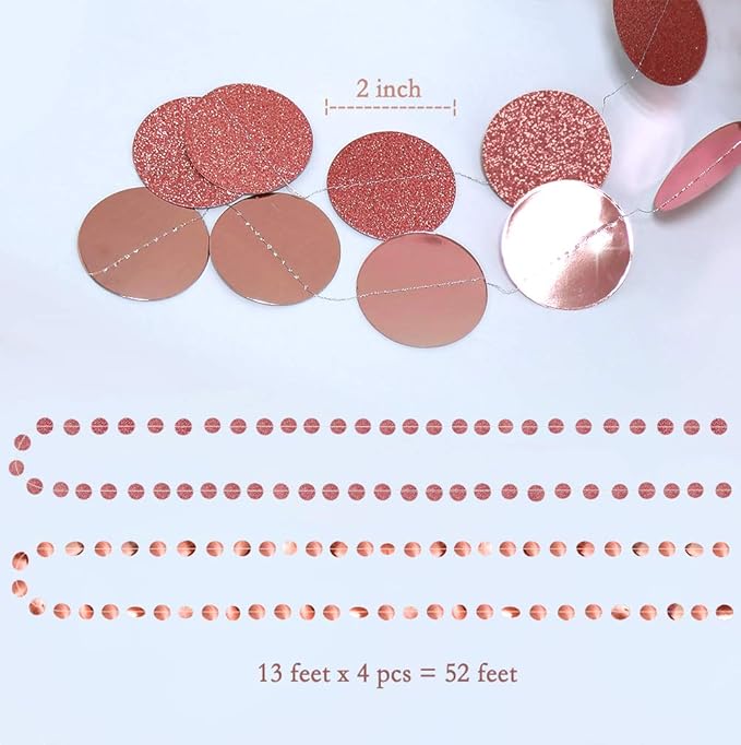 Cheerland Glitter Rose Gold Circle Dot Garland for Rose Gold Party Decorations Hanging Banner Streamer Backdrop Decor Birthday Bday Bridal Shower Bachelorette Ramadan EID Graduation Party Supplies