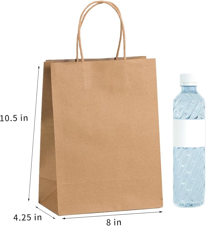FACEBAG 100-Pack Brown Paper Bags with Handles, 8x4.25x10.5 Inch Kraft Gift Bags, Applicable to Birthday, Retail, Party, Shopping, Festival, Reusable & Durable