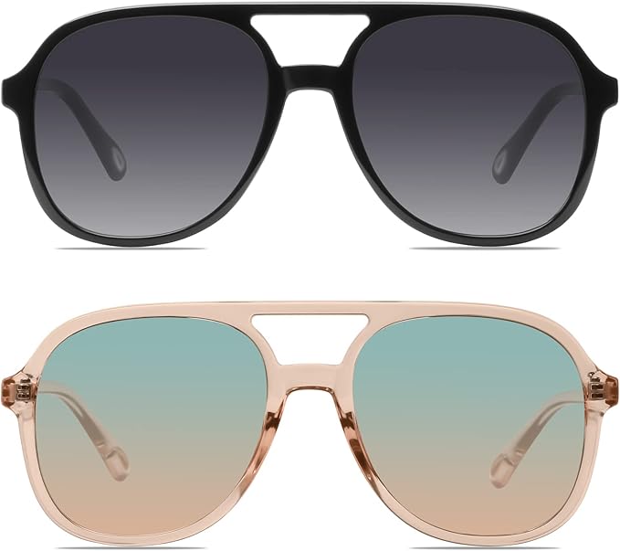 YDAOWKN Retro Square Aviator Sunglasses for Womens Mens Vintage 70s Double Bridge Sun Glasses