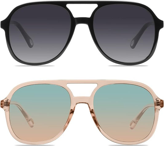 YDAOWKN Retro Square Aviator Sunglasses for Womens Mens Vintage 70s Double Bridge Sun Glasses