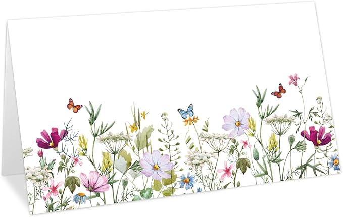 Whaline 100Pcs Wildflower Place Cards 2 x 3.5 Inch Watercolor Floral Butterfly Tented Cards Seating Cards for Spring Wedding Bridal Shower Party Table Setting
