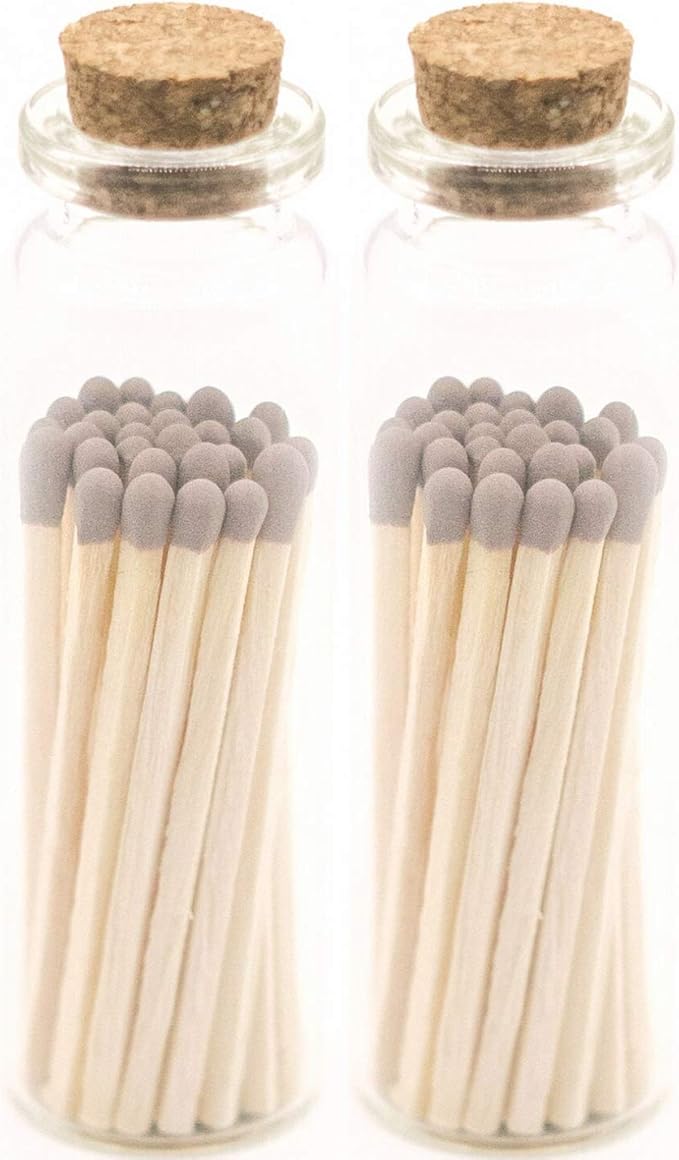 River Birch Decorative Matches in a Bottle with Striker - Cute & Colored Matches - 2 Bottles, Gray Tip, 40 Matches