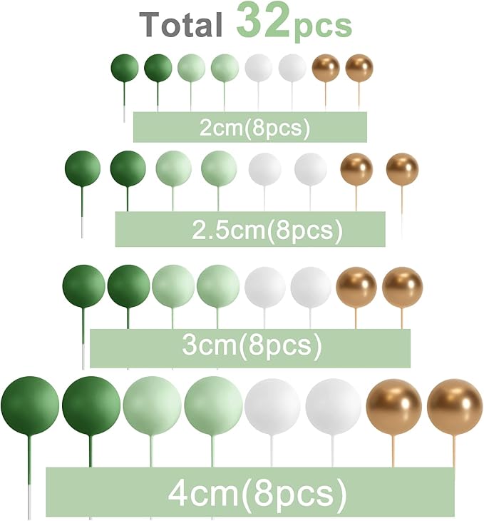 ASTARON 32 Pcs Ball Cake Topper Decorations Mini Balloons Cake Topper Sticks Foam Balls Cake Picks Cake Topper Balls Cake Decorations for Wedding Party Birthday Cake Decorating (Green Gold)