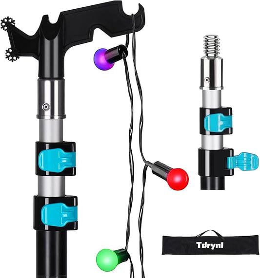 12 FT Telescopic Christmas Light Pole with Hook | Lightweight Aluminum Extension Pole for Outdoor String Lights, Holiday Decorations, Bird Feeders | Ladderless High Reach Tool with Universal Thread
