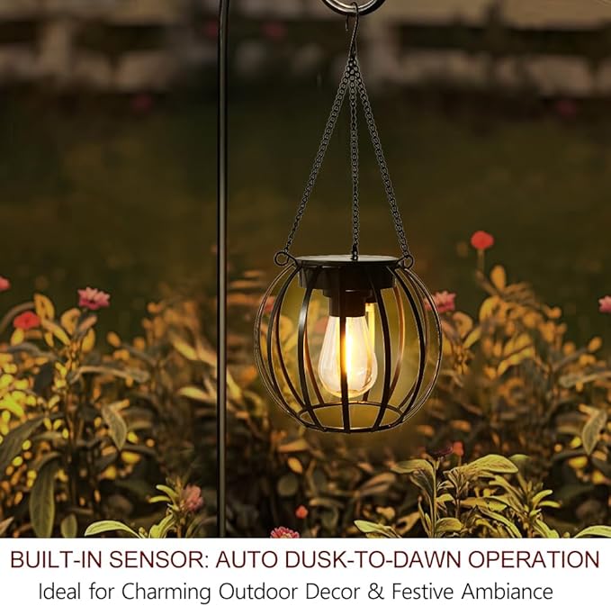 Bright Zeal 1-Pack 13" Black Solar Hanging Lanterns Outdoor Waterproof - Solar Lantern Hanging Garden Outdoor Lights Metal Waterproof LED - Auto On/Off Lanterns for Trees with Iron Frame