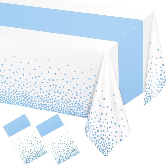WNINK 2 Pack White and Light Blue Tablecloths, Light Blue Disposable Plastic Waterproof Table Cover, 54" x 108", for Birthday, Baby Shower，Wedding, Bridal Shower, Picnic Camping Parties