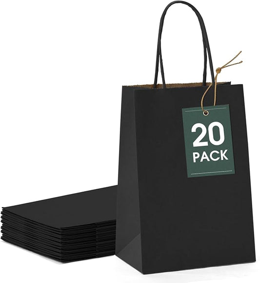 GSSUSA Kraft Paper Gift Bags 5.25x3.75x8'' 20 Pcs, Black Paper Bags with Handles, Bulk Kraft Gift Bag for Shopping, Craft, Grocery, Party, Retail, Lunch, Business, Wedding, Merchandise, Boutique