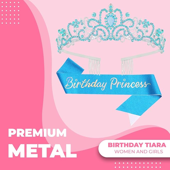 Birthday Tiara and Crown with Sash for Women, Hair Accessories for Wedding Party Costume (C- Blue)
