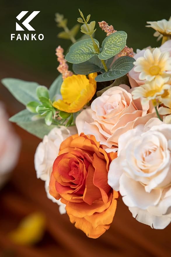 FANKO Rose Artificial Flowers Combo for DIY, Fake Orange Rose Silk Flowers Greenery, Faux Flowers for Wedding Bridal Bouquet, Baby Shower, Table Centerpieces, Floral Arrangement, Party Home Decoration