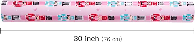 WRAPAHOLIC 30 Inch Jumbo Reversible Nutcracker Christmas Wrapping Paper - 30 Inch x 100 Feet Jumbo Roll Pink Nutcracker Wrapping Paper and Polke Dot Design for Christmas, Holiday, Party Celebration