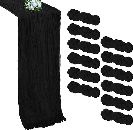 12 Pack Black Table Runner Cheesecloth 10FT Boho Cheese Cloth Table Runner Gauze Fabric 120 Inch Rustic for Wedding Birthday Party Baby Shower Centerpiece Home Decorations