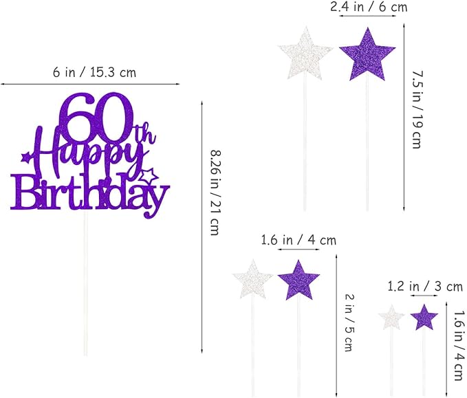 Glittery 60th Happy Birthday Cake Topper with Star,Personalised 60 Birthday Cake Toppers Party Decorations Party Supplies for Men Women Purple Silver