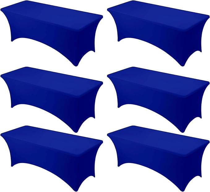 6-Pack Premium Royal Blue Spandex Tablecloths for 8ft Rectangle Tables, Stain & Wrinkle-Resistant, Washable Stretch Polyester Fitted Table Cover for Weddings, Banquets, Trade Shows Events