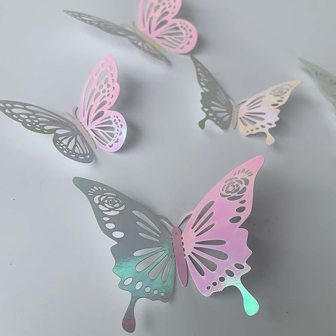 Laser Pink Butterfly Decorations, 48Pcs 2 Styles 3 Sizes Butterflies for Cake Cupcake Toppers, 3D Paper Sticker for Bouquets Birthday Baby Shower Kids Girl Room Wall Nursery Grad Graduation Caps Decor