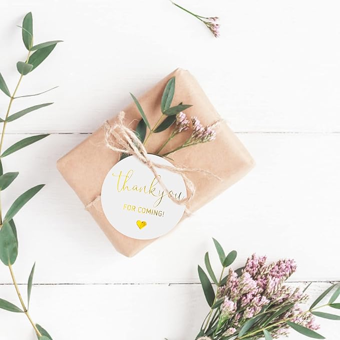 G2PLUS Thank You Tags, 100PCS Thank You for Coming Tags, 2'' Round Gift Tag, White Paper Gold Foil Gift Tag with String for Wedding, Birthday Party Favors