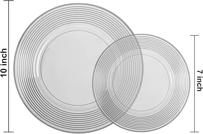 FLOWERCAT 100PCS Clear Black Plastic Plates Disposable Plates for Party - Heavy Duty Plastic Plates - 10" &7" Plate for 50 Guests Halloween Parties and Events (Smoke Gray)
