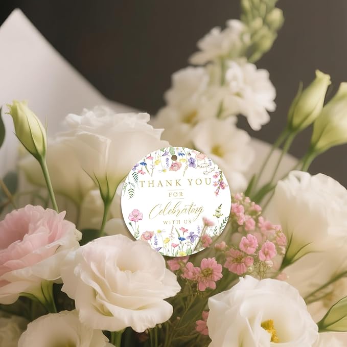50PCS Thank You Gift Tags, 2x2 inch Wildflower Personalized Gift Tags with String for Wedding Birthdays Party Favors Baby Shower Bridal Shower