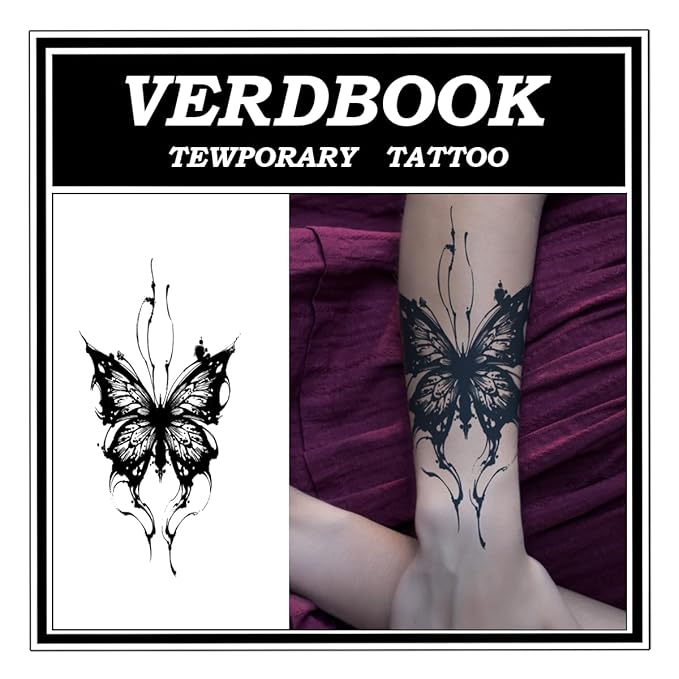Waterproof Temporary Tattoos: 2-Sheet Tattoo Kit with Realistic Body Stickers, Semi-Permanent Tattoos for Adults Lasting 7-15 Days – Safe for Men & Women, Blackened Butterfly