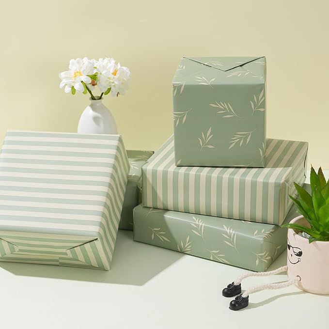 ZINTBIAL Reversible Gift Wrapping Paper Roll - Light Green Background with Beige Leaves - Green Stripe Design - for Birthdays,Weddings,Baby Showers,Mother's Day,Christmas - 17.5" x 33' (48 sq. ft.)