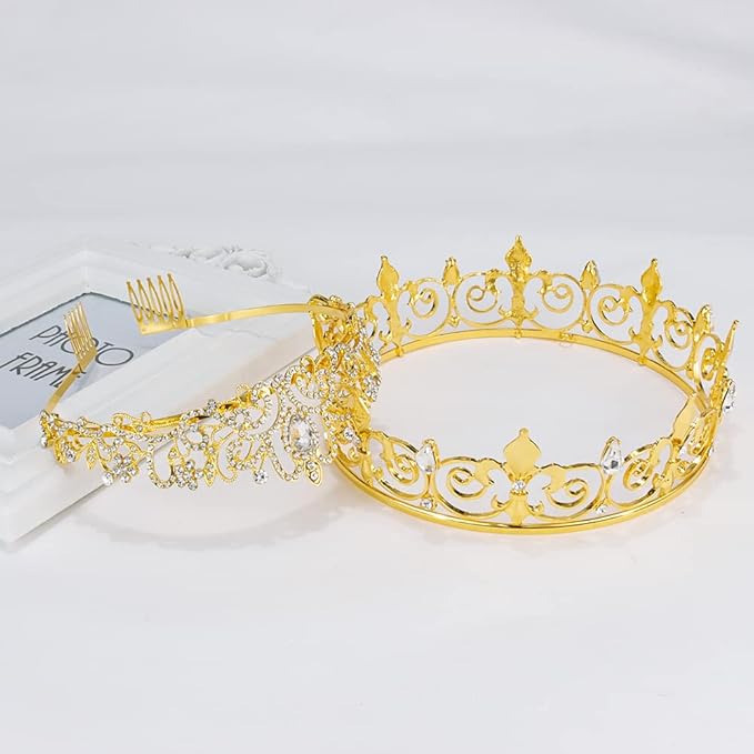 AOPRIE King & Queen Tear Drop Tiara and Crown for Women Men Crystal Hair Accessories for Wedding Prom Bridal Birthday Party Halloween Costume Christmas Gifts Gold Princess Tiara for Girls Boys