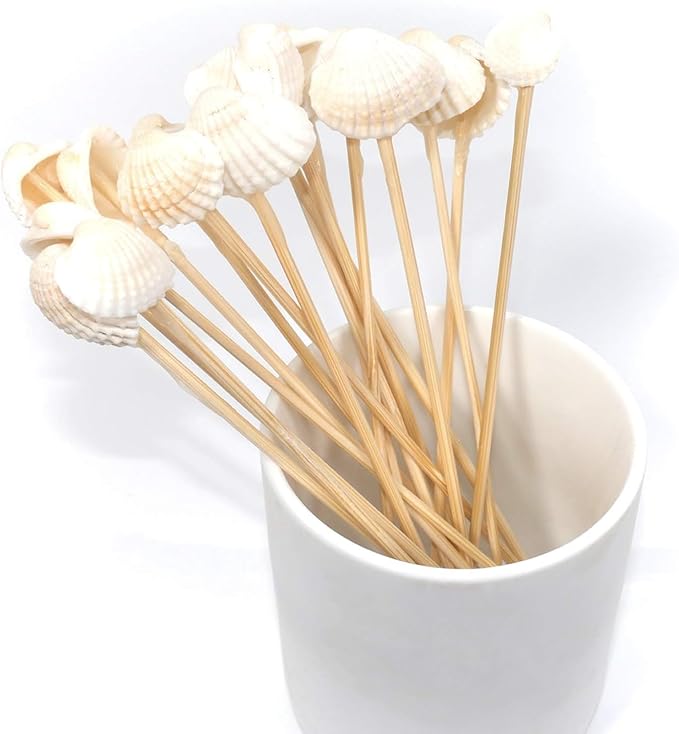 PuTwo 100 pcs Cocktail Picks, 4.7 Inch White Seashell Bamboo Cocktail Picks, Bamboo Toothpicks, Skewers for Appetizers, Mini Food Sticks for Drinks, Sandwiches, Party Supplies