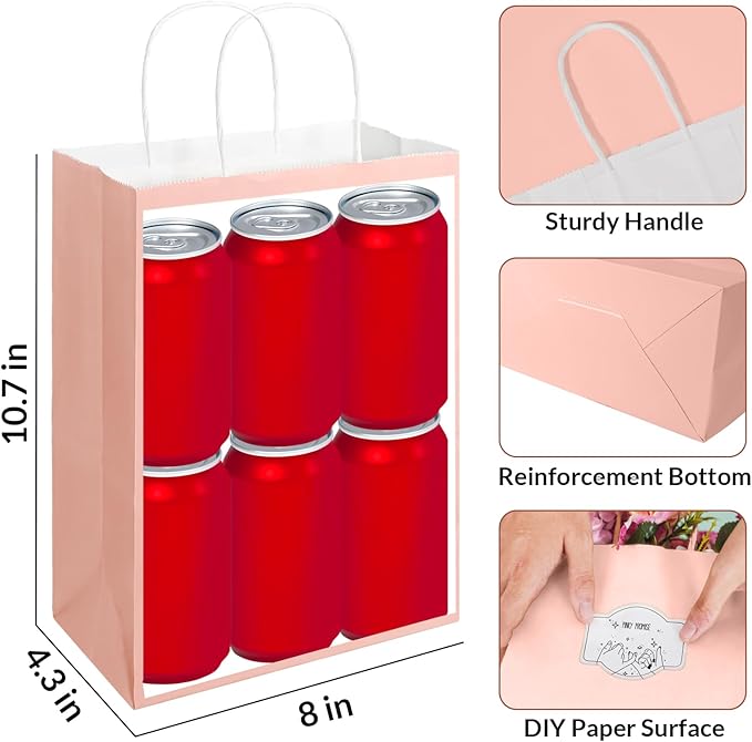SUNEE Gift Bags with Handles 8x4.3x10.7, 100 Pcs Paper Gift Bags Medium Size Bulk, Pastel Color for Wedding, Birthday, Party Supplies and Celebrations