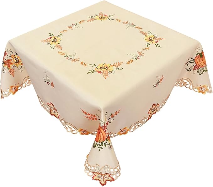 Simhomsen Embroidered Square Fall Autumn Harvest Pumpkins Tablecloth for Thanksgiving (Square 52 inches)