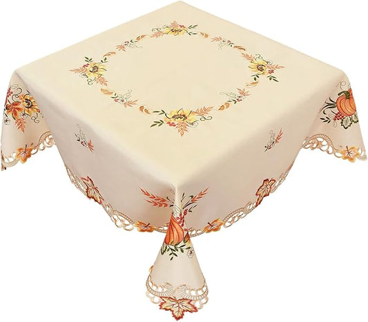 Simhomsen Embroidered Square Fall Autumn Harvest Pumpkins Tablecloth for Thanksgiving (Square 52 inches)