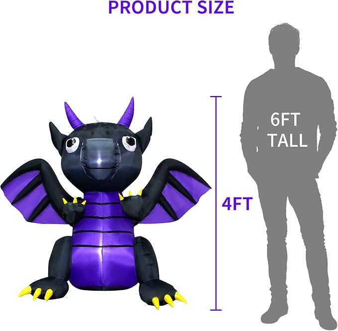 4FT Halloween Pterosaur Blow up Dinosaur Halloween Inflatable Black Purple Dragon Halloween Dragon Inflatable Decoration with LED Lights Outdoor Indoor Holiday Graden Yard Decor