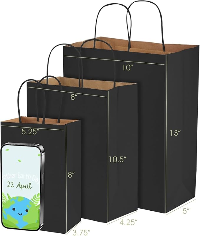 MESHA Gift Paper Bags 500 PACK 5.25x3.75x8'' Black Medium Shopping Kraft Bags Bulk with Handles Reusable for Business,Grocery,Birthday,Wedding,Kids Party,Favors