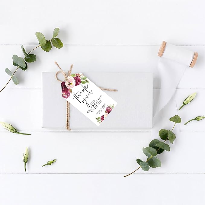 Andaz Press 100-Pack Personalized Fall Burgundy Marsala Wedding Favor Tags with Bakers Twine 2 x 3.75-Inch Tags for Party Favors and Gift Wrap