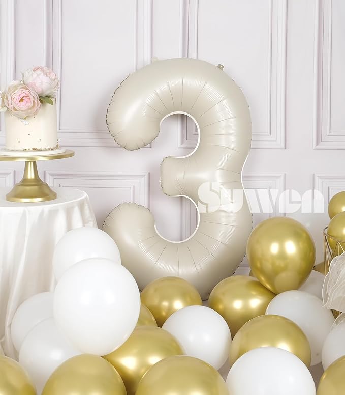SUWEN 40 Inch Cream White Large 3 Number Balloons Big Foil Helium Number Balloons 0-9 Jumbo Happy 3rd Mylar Birthday Party Decorations for Boy or Girl Anniversary Party Supplies