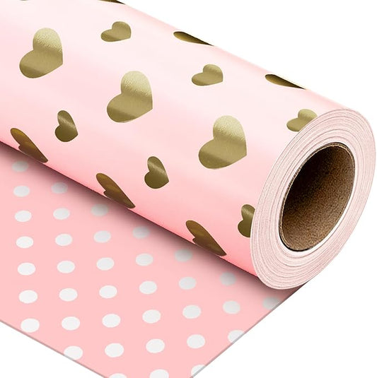 Yarcony Pink Wedding Wrapping Paper, Gold Heart Gift Wrapping Paper, Reversible Love-Themed Girl Gift Wrap for Anniversary Birthday Valentine's Day Mother's Day Christmas(17 Inch X 33 Feet)