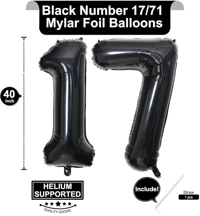 40 Inch Black 17 Number Balloons Giant 17 Balloons Black Birthday Balloons 17th Birthday Anniversary Events Party Decorations Supplies