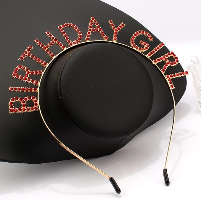 AOPRIE Happy Birthday Princess Crown Tiara, Gold Red, for Women and Girls, Birthday Girl Headband, Adjustable Size, Rhinestone Accessories