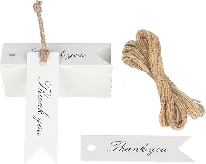 G2PLUS 100 PCS Mini Thank You Gift Tags with String, 2.8'' x 0.8'' White Paper Hang Tags for Art&Craft, Gift Wrapping, Wedding, Bridal Showers, Birthdays, Parties, Christmas