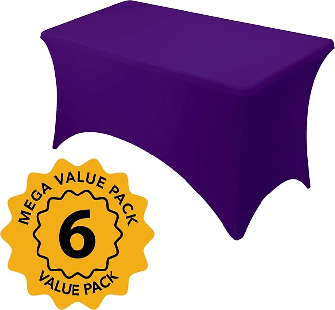 6-Pack Premium Purple Spandex Tablecloths for 4ft Rectangle Tables, Stain & Wrinkle-Resistant, Washable Stretch Polyester Fitted Table Cover for Weddings, Banquets, Trade Shows Events