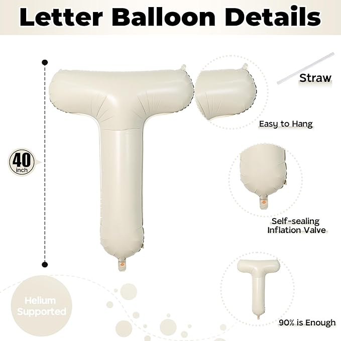 Cream Name Balloon Letters, Large Mylar Helium Alphabet T Custom Balloon Letter Beige Decor, 40 Inch Inflatable Sand White Letter T Foil Customize Balloons for Girls Birthday Party Decoration Supplies
