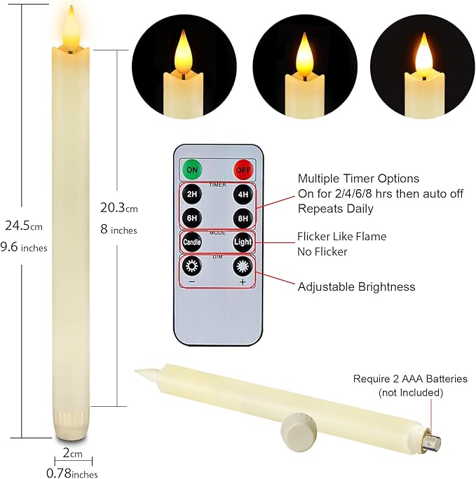 Homemory 12 Pcs Waxy Flameless Taper Candles with Remote, Flickering Battery Operated Taper Candles, Led Flameless Candlesticks Classic Tall Candle for Home, Wedding, Party, Ivory, 9.6 inches