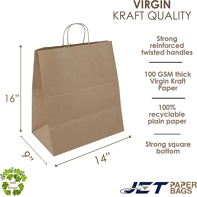 JET PAPER BAGS - 14”x9”x16” Inch [50 Pcs] Large Brown Paper Bags with Handles Prime for Takeout, Grocery, Goody, Retail, Party, Gifts, Weddings
