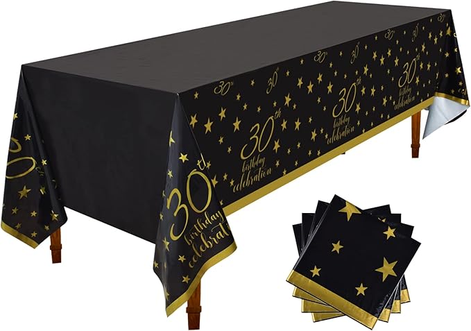 Gatherfun 30th Birthday Disposable Tablecloth 4 Pack Gold and Black Waterproof Plastic Table Cover for Men Woman 30 Birthday Party Decorations