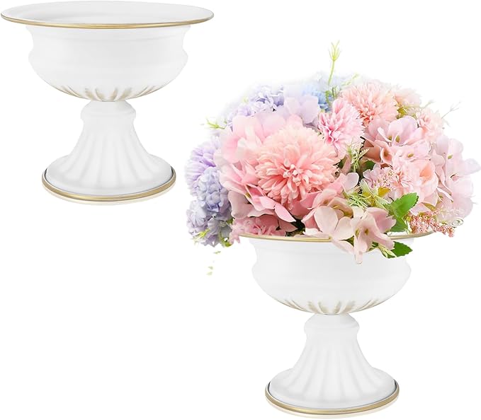 White Wedding Vases for Centerpieces: Small Flower Vase for Tables - 6.5 Inch Metal Compote Bowl Urn Pedestal for Party Anniversary Event Home Decor Set of 2