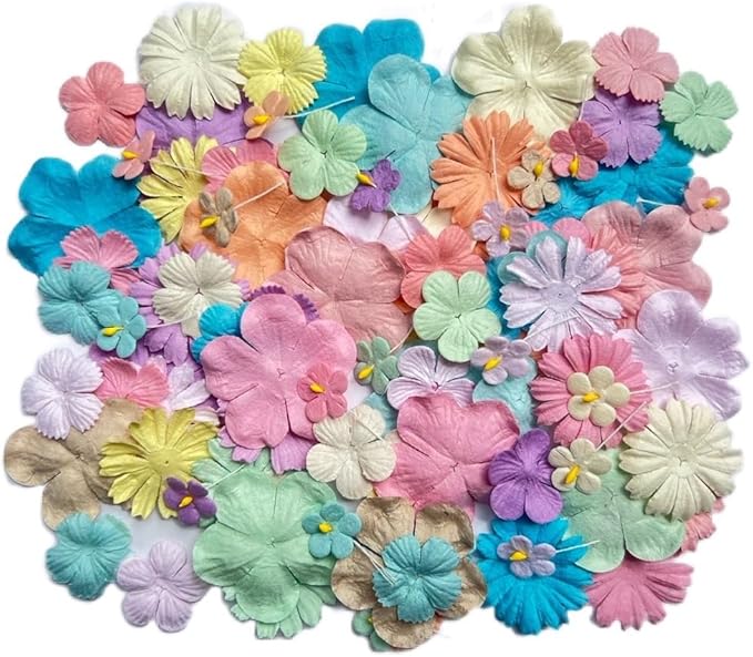 Handmade100 Pcs Mixed Flowers 18 mm - 2 Inch Mulberry Paper Flowers Scrapbooking Wedding DIY Craft Supplies Card (10 Colors Pastel Tone)