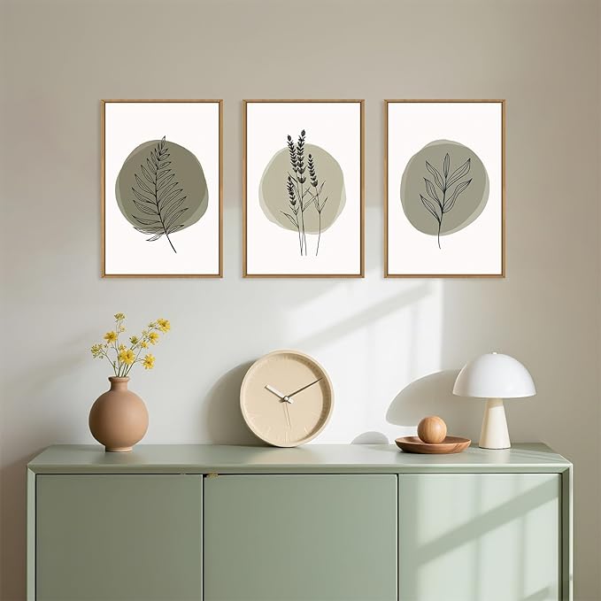 HOURIA Sage Green Leaves Framed Canvas Wall Art Set,Minimalism Boho Leaf Wall Decor, Modern Nature Botanical Wall Painting,Mid Century Plant Art Prints for Living Room,Bedroom,Farmhouse-24 x36 x3