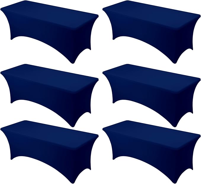 6-Pack Premium Navy Blue Spandex Tablecloths for 8ft Rectangle Tables, Stain & Wrinkle-Resistant, Washable Stretch Polyester Fitted Table Cover for Weddings, Banquets, Trade Shows Events