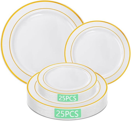 MENDENG 50PCS Gold Rim Plastic Plates for Party, 25x10.25 Dinner Plates & 25x7.5 Dessert Plates, Heavy Duty Disposable Plastic Plates for Wedding Party Thanksgiving Birthday