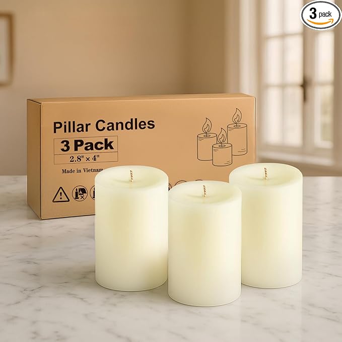 Ivory Pillar Candles, Set of 3, 56 Hour Long Burning, Unscented and Dripless, Large (3x4 inch) for Christmas Lights, Wedding, Parties, Spas, Home Decor