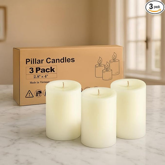 Ivory Pillar Candles, Set of 3, 56 Hour Long Burning, Unscented and Dripless, Large (3x4 inch) for Christmas Lights, Wedding, Parties, Spas, Home Decor