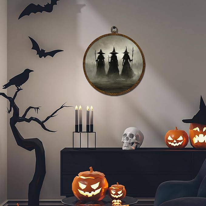 Funny Halloween Witchs Round Wall Art,Gothic Canvas Wall Hanging Decor, Spooky Farmhouse Vintage Round Wall Art for Bedroom Living Room Entryway, Rustic Witch Gothic Wall Decor,Gift for Halloween (Dark-witch)
