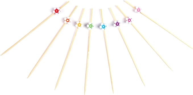 PuTwo Cocktail Picks Handmade Bamboo Toothpicks 100pcs 4.7” in Multicolor Flower